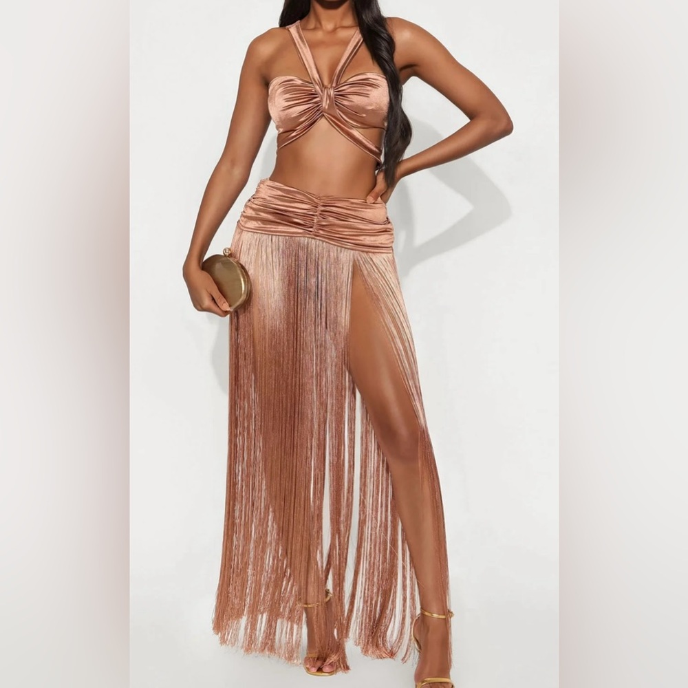 Fashion Nova Rose Gold Fringe Maxi Skirt Set